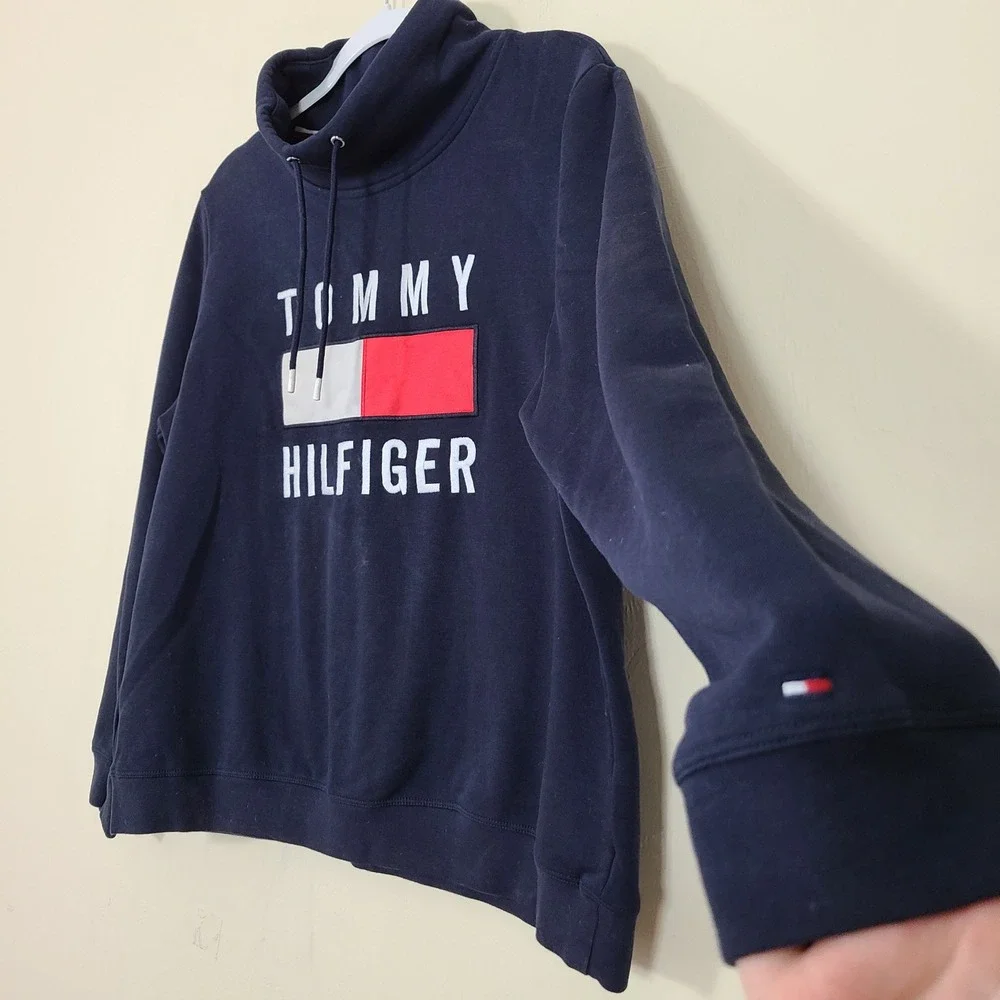 Tommy Hilfiger Hoodie Sweatshirt Womens L Navy Blue Y2K Spell Out Colorblock Red - Picture 2 of 8